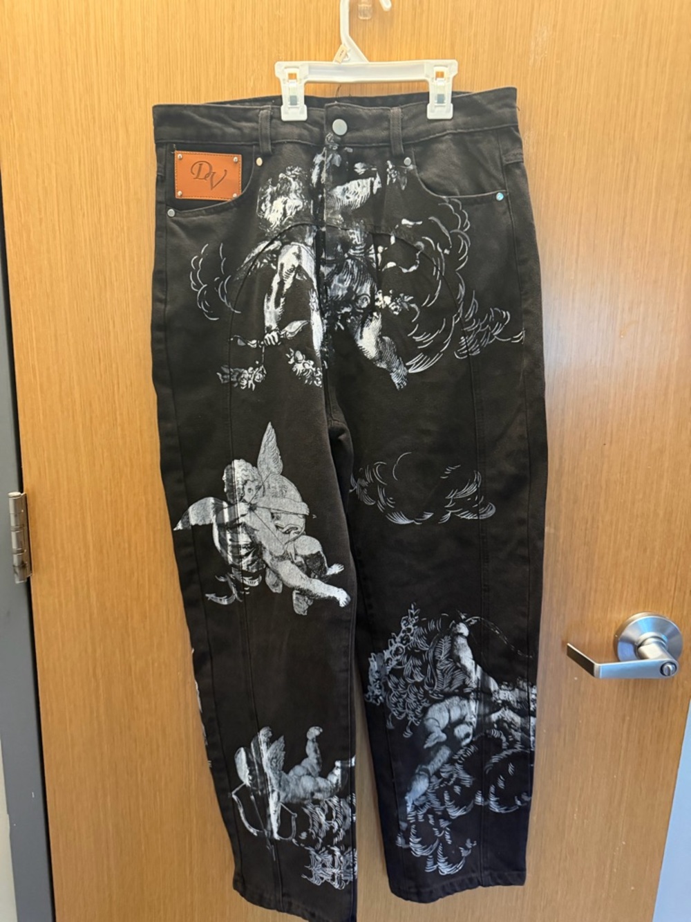 Deo Volenti Black Straight Jeans with White Cherub Print
